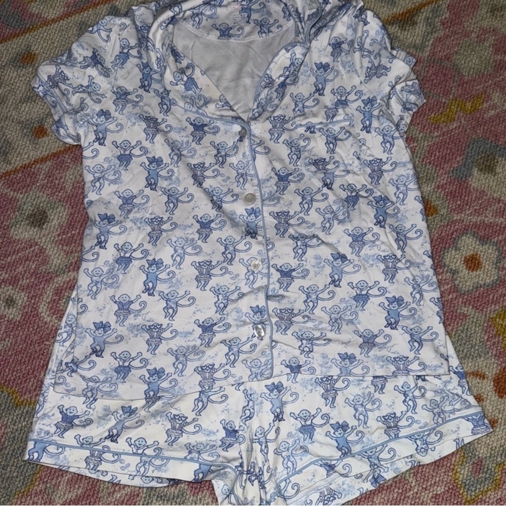 Roller Rabbit Blue and White Monkey Print Pajama Set
